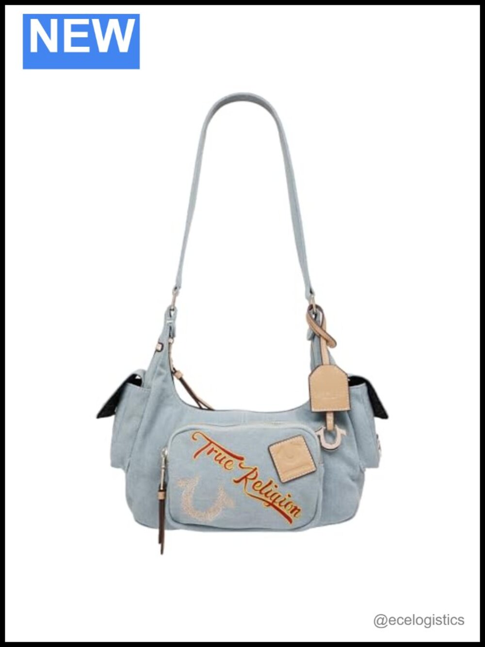 Denim Hobo Shoulder Bag with Logo Patches Gold Hardware